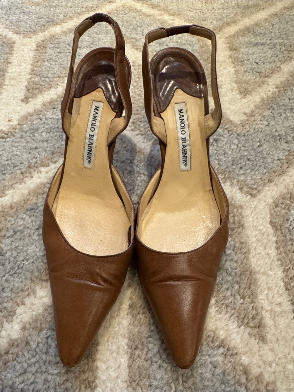 Manolo Blahnik Brown Leather Pointed Slingback Pumps
